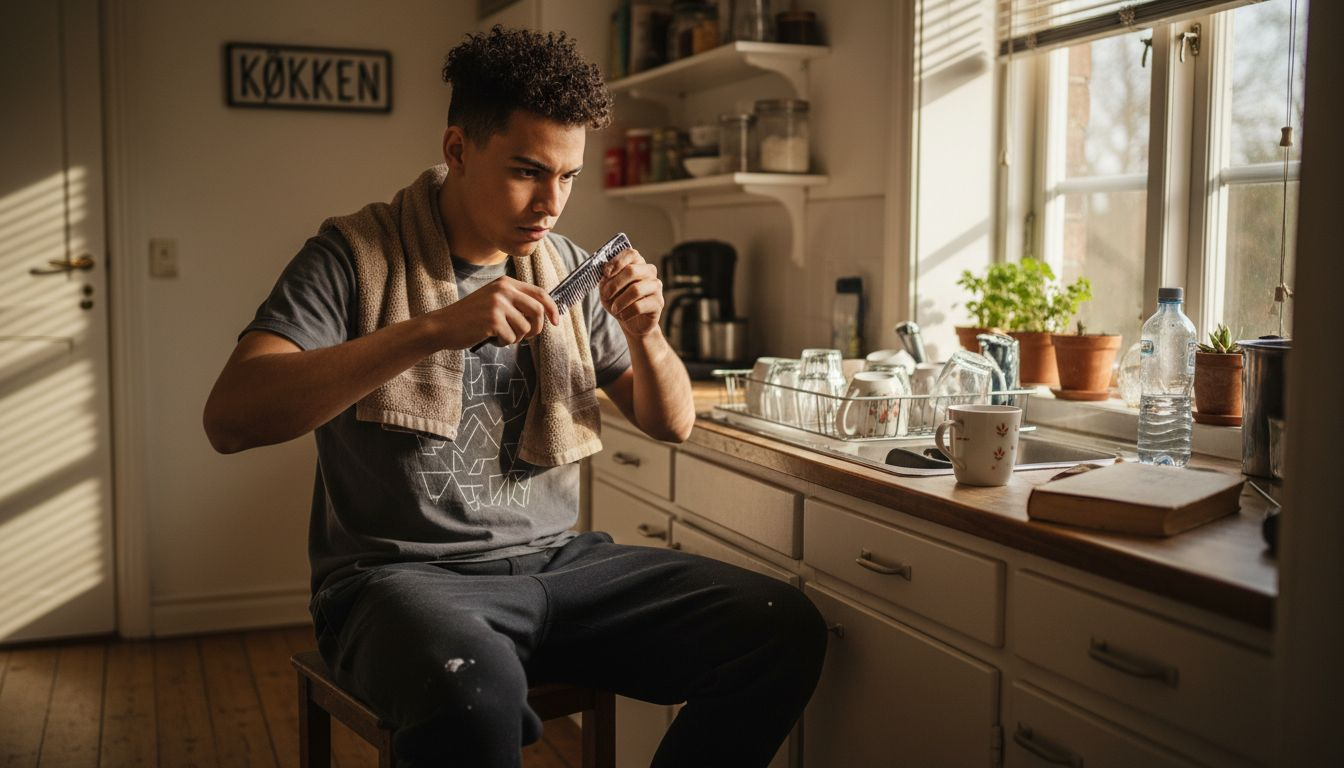 Man fordeler balsam i krøllet hår med fingrene eller en bredtandet kam.