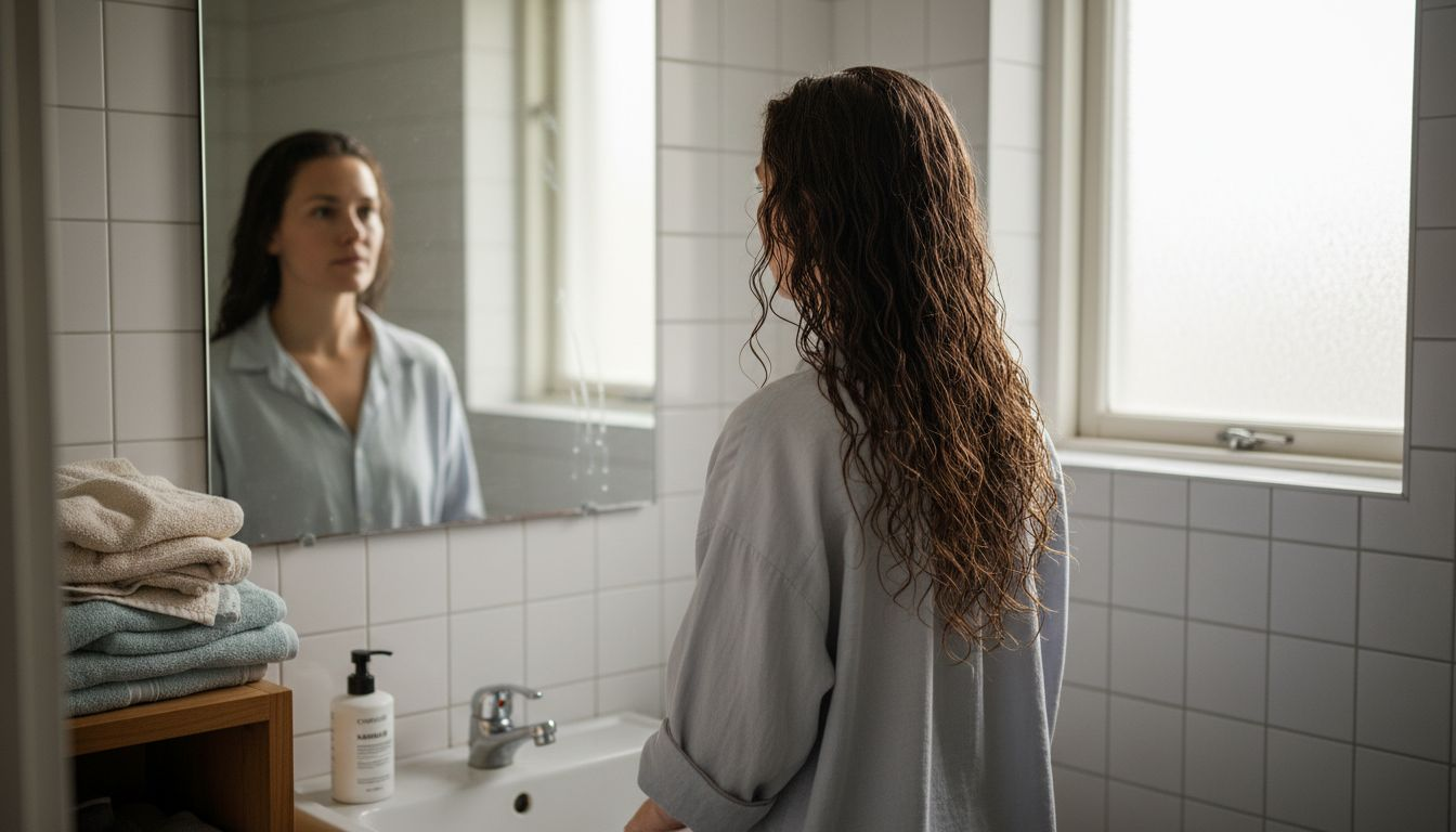 En kvinde står foran spejlet og tjekker, hvor langt hendes våde, krøllede hår er.