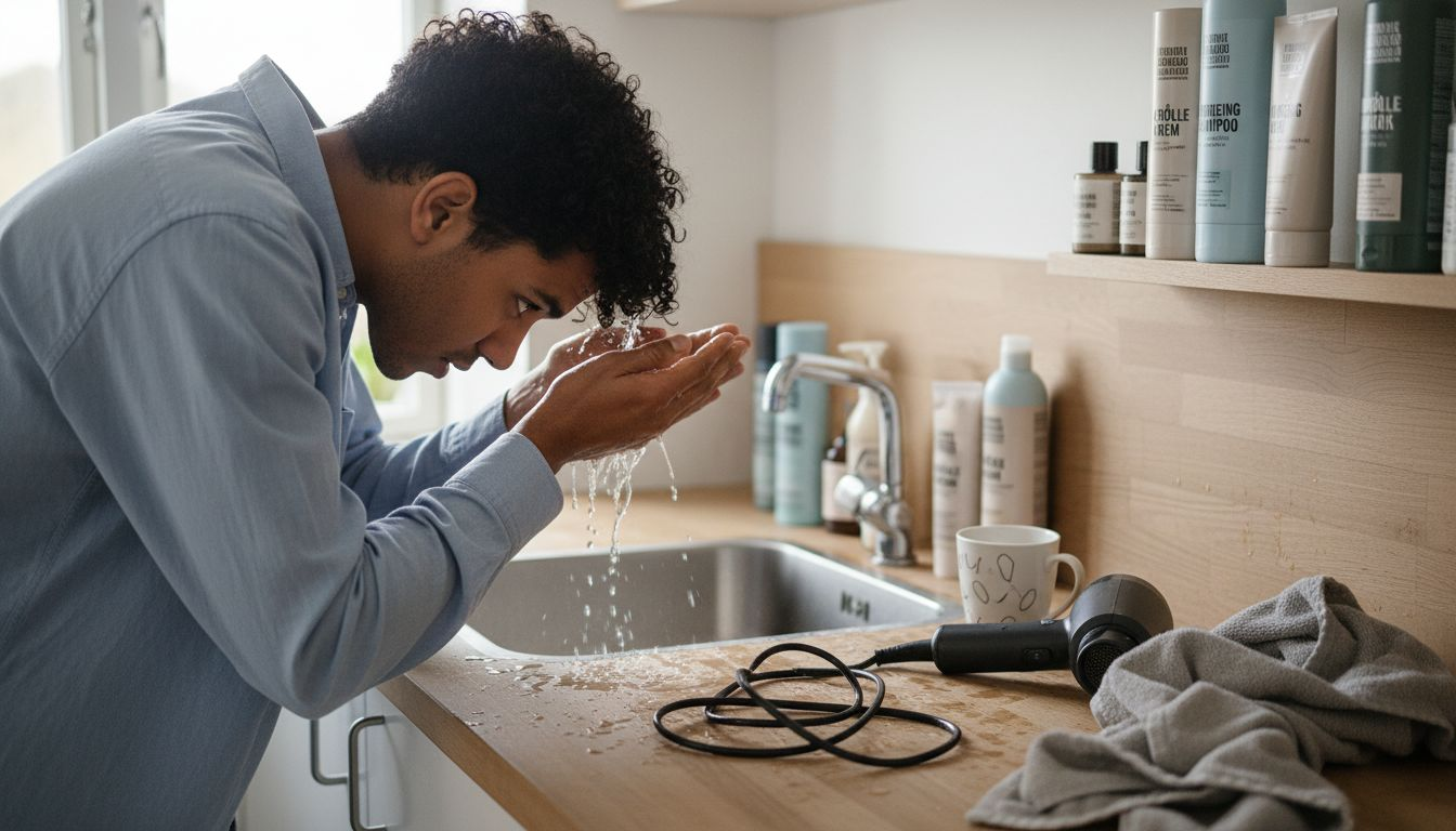 Mand skyller håret med kolde vand for at holde krøllerne friske
