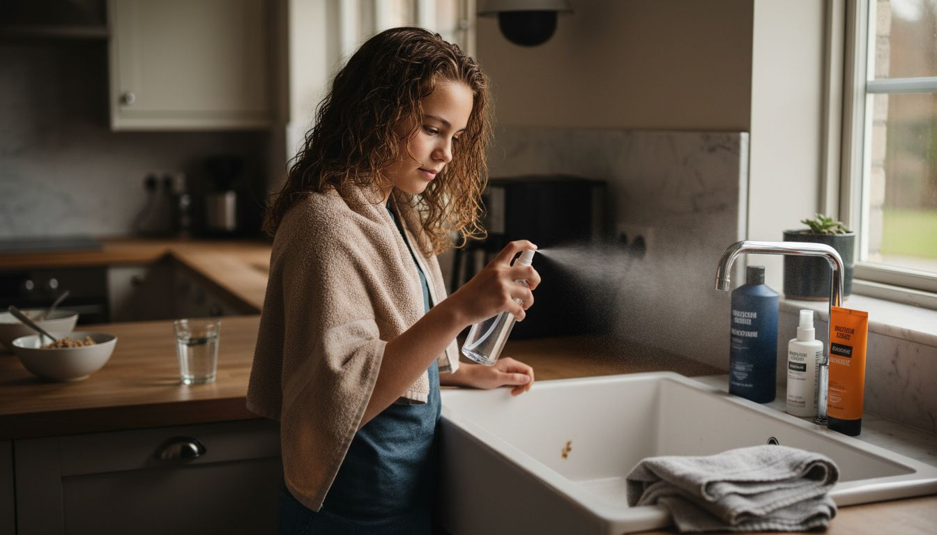En teenager står i køkkenet og frisker sine krøller op med en sprayflaske.