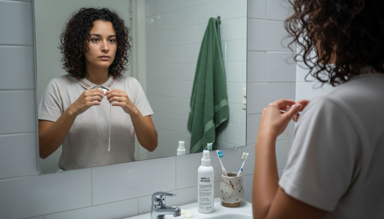 Kvinde plejer sit krøllede hår med curly girl-metoden på badeværelset