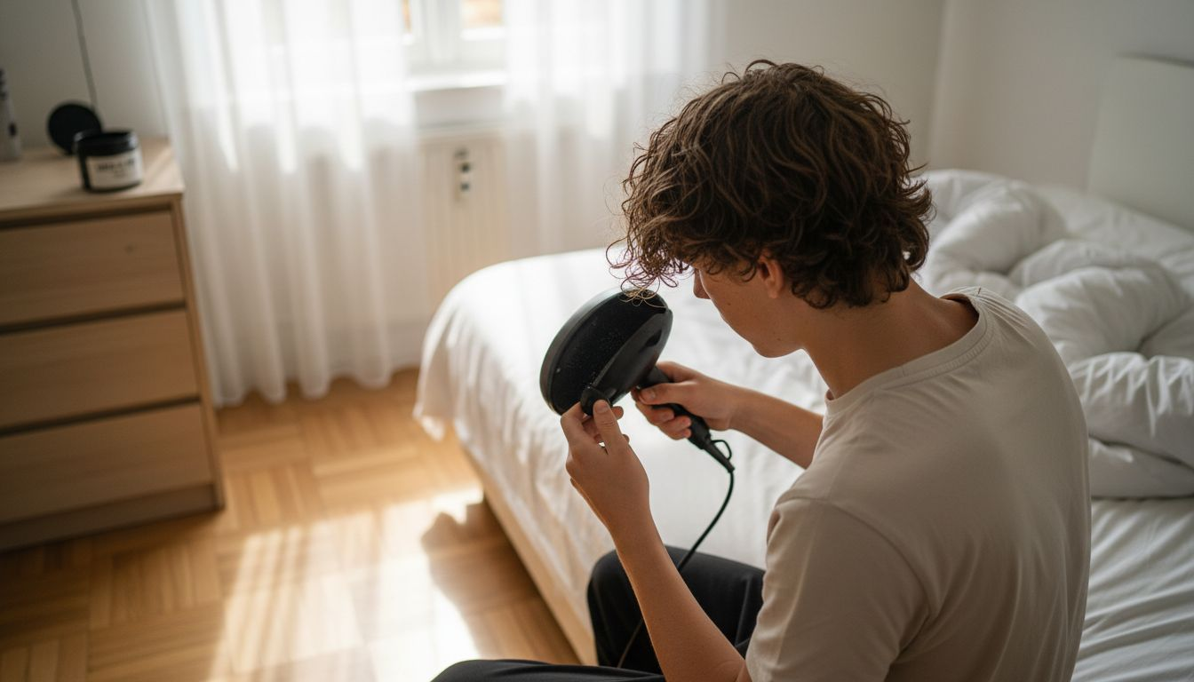 En teenager står på sit værelse og tørrer sit krøllede hår med en diffuser.