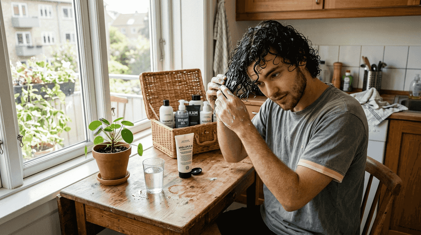 En mand masserer naturlig balsam ind i sit hår