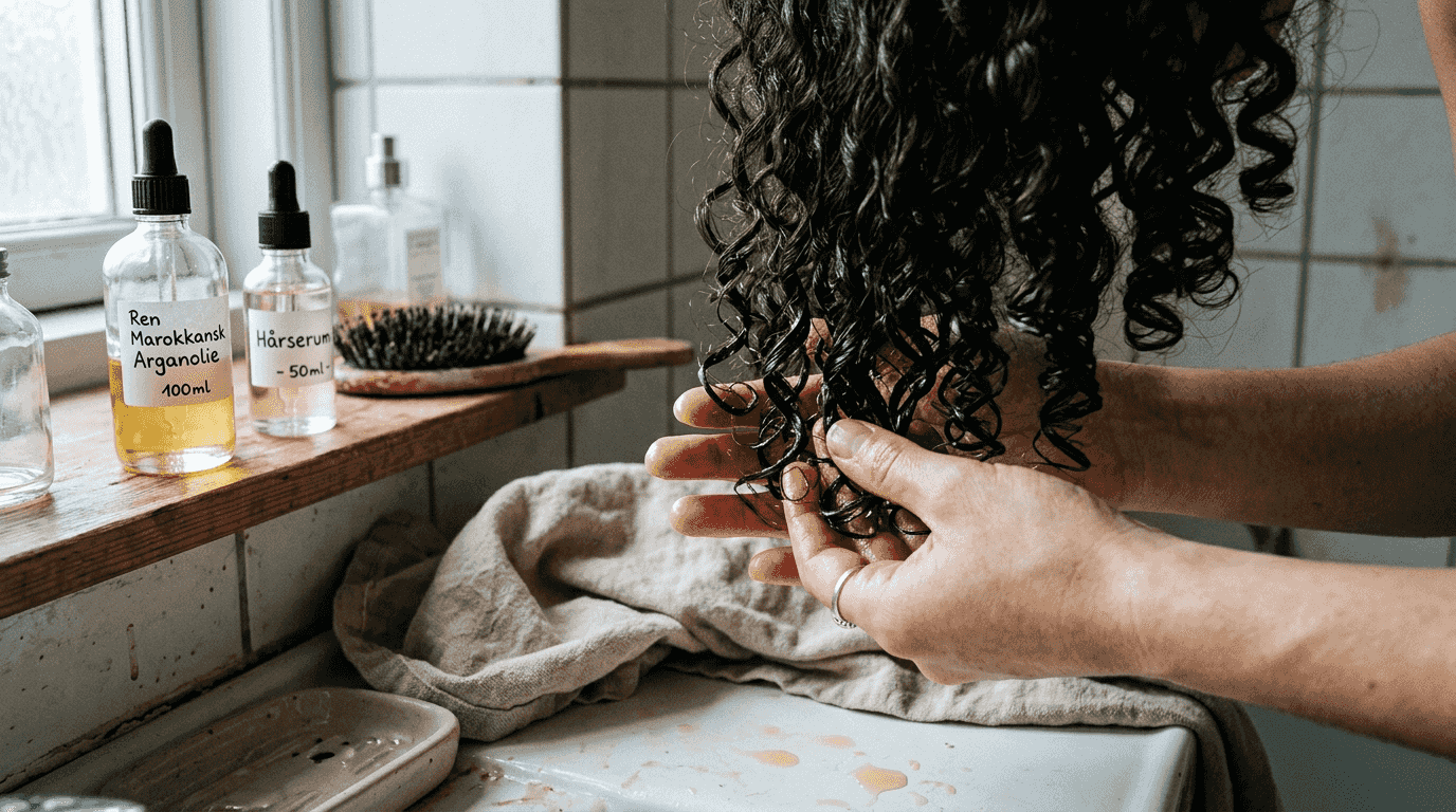 Olien arbejdes blidt ind i de krøllede lokker med03 hænderne.