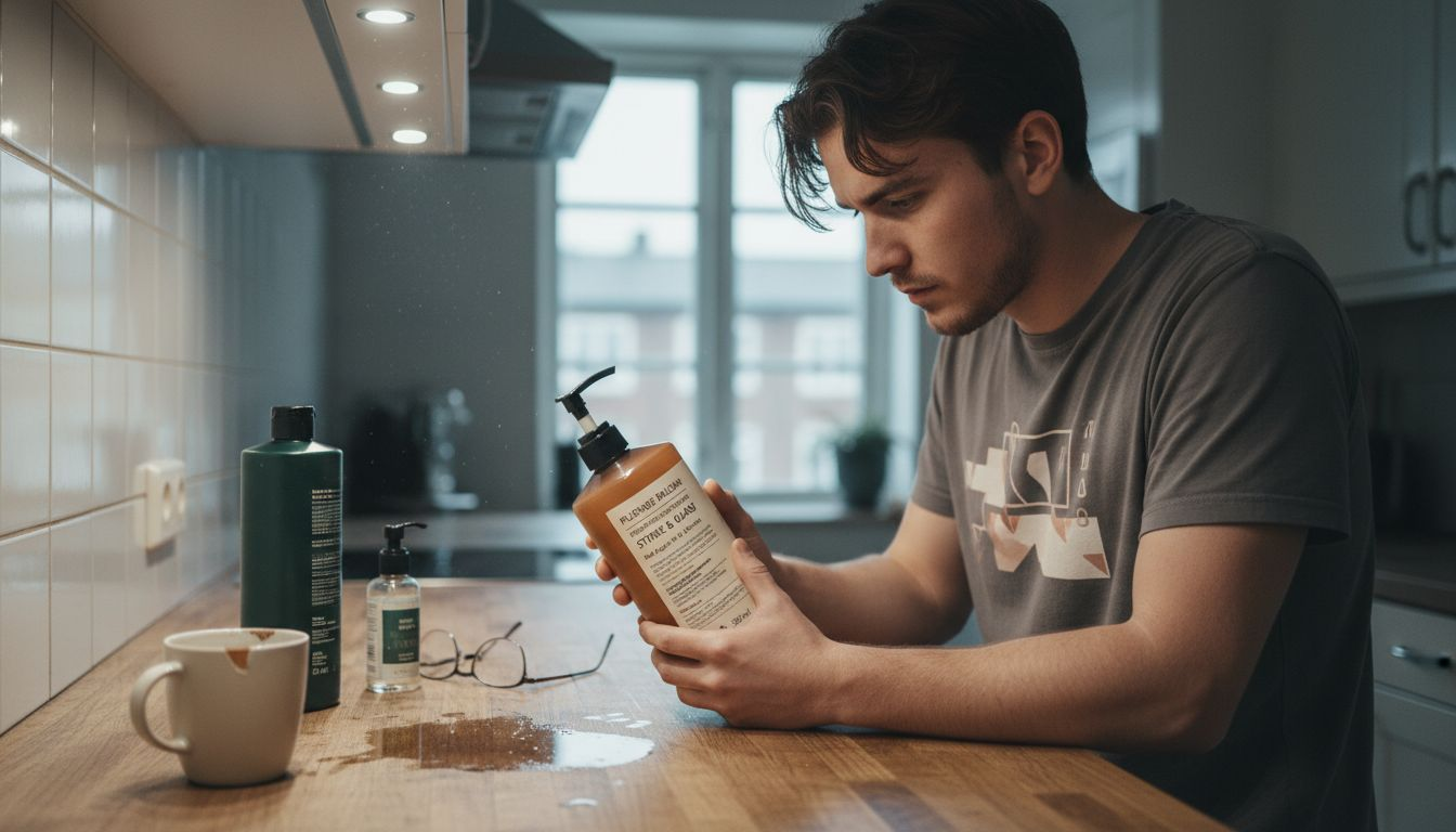 Person, der står og læser ingredienslisten på en balsamflaske