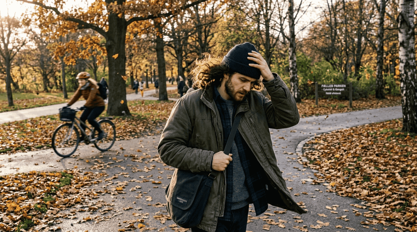 Mand sørger for at beskytte sine krøller mod det danske vejr