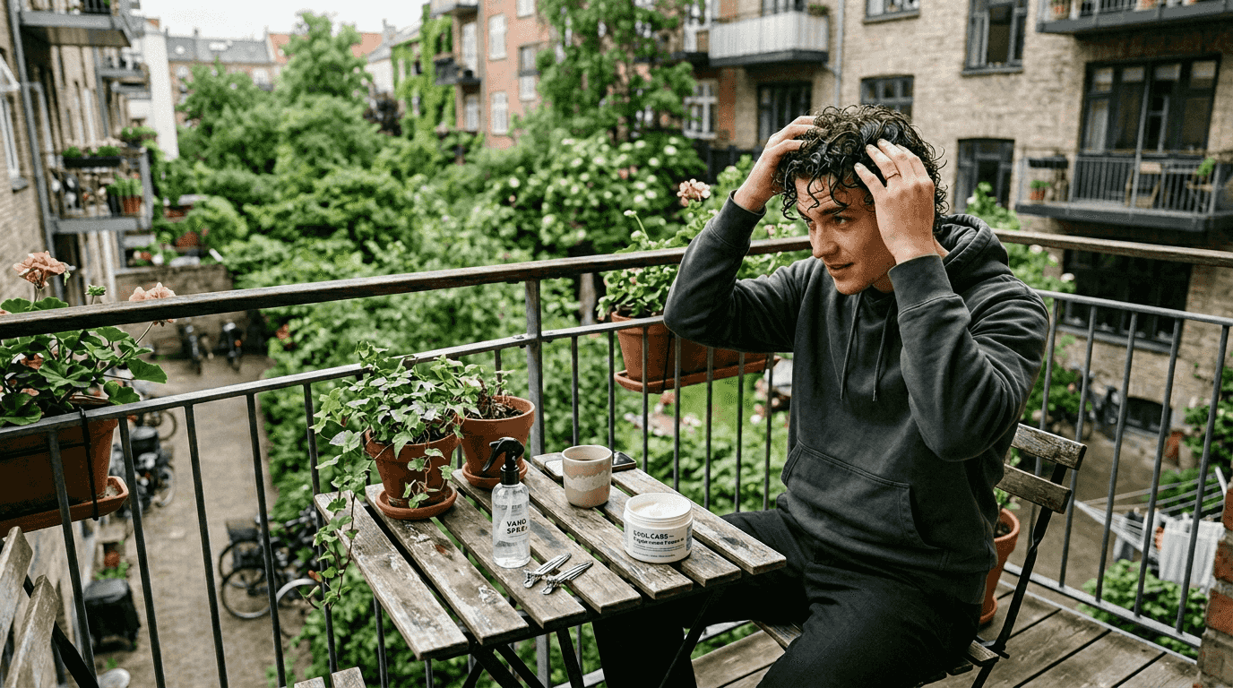 Mand står ude på altanen og sætter sit krøllede hår