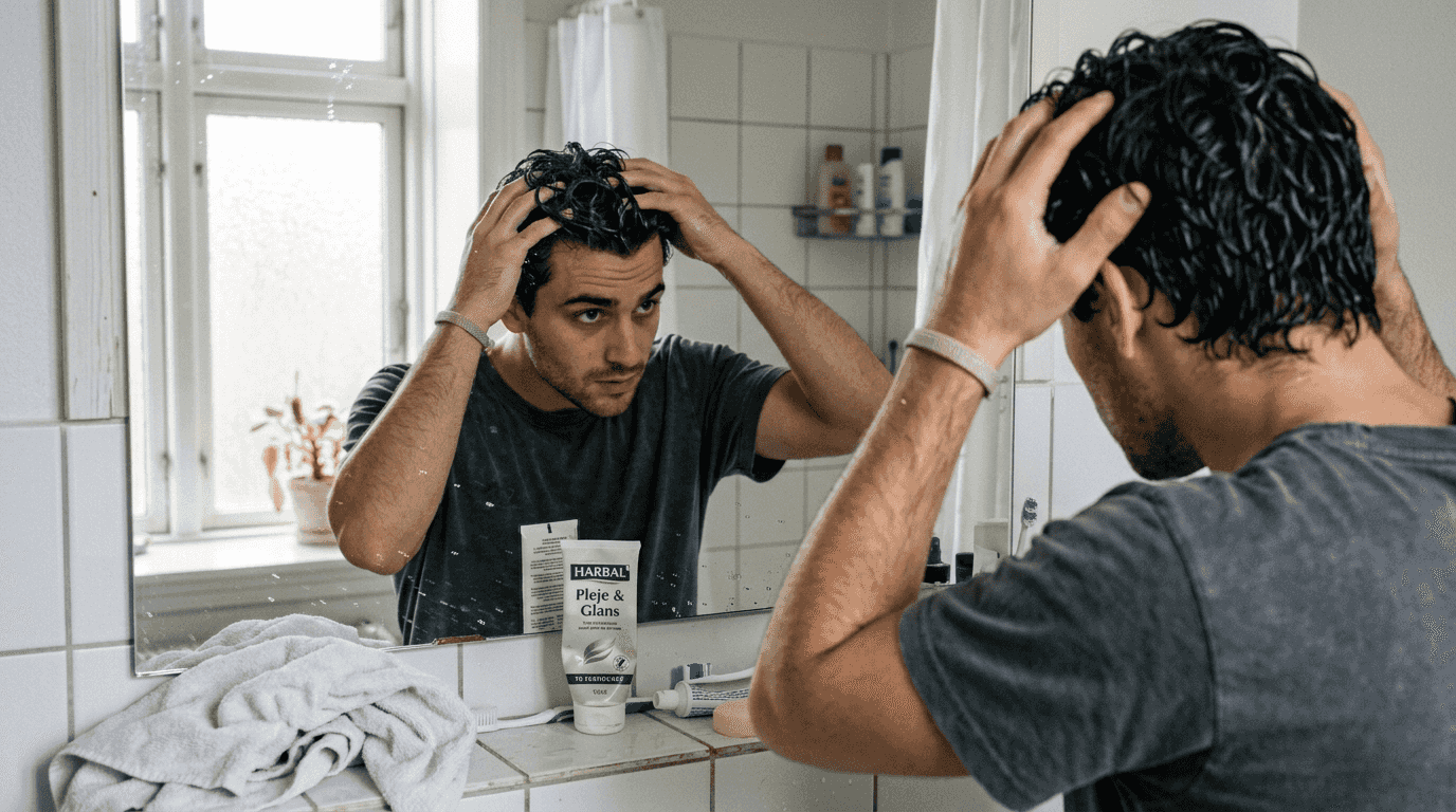 En mand arbejder leave-in conditioner ind i sine krøller