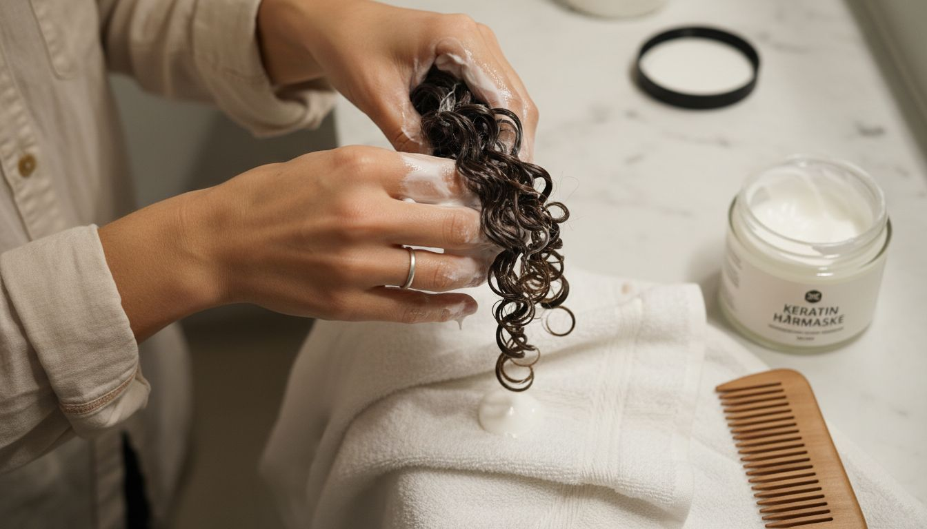 Hands applying keratin mask to curly hair