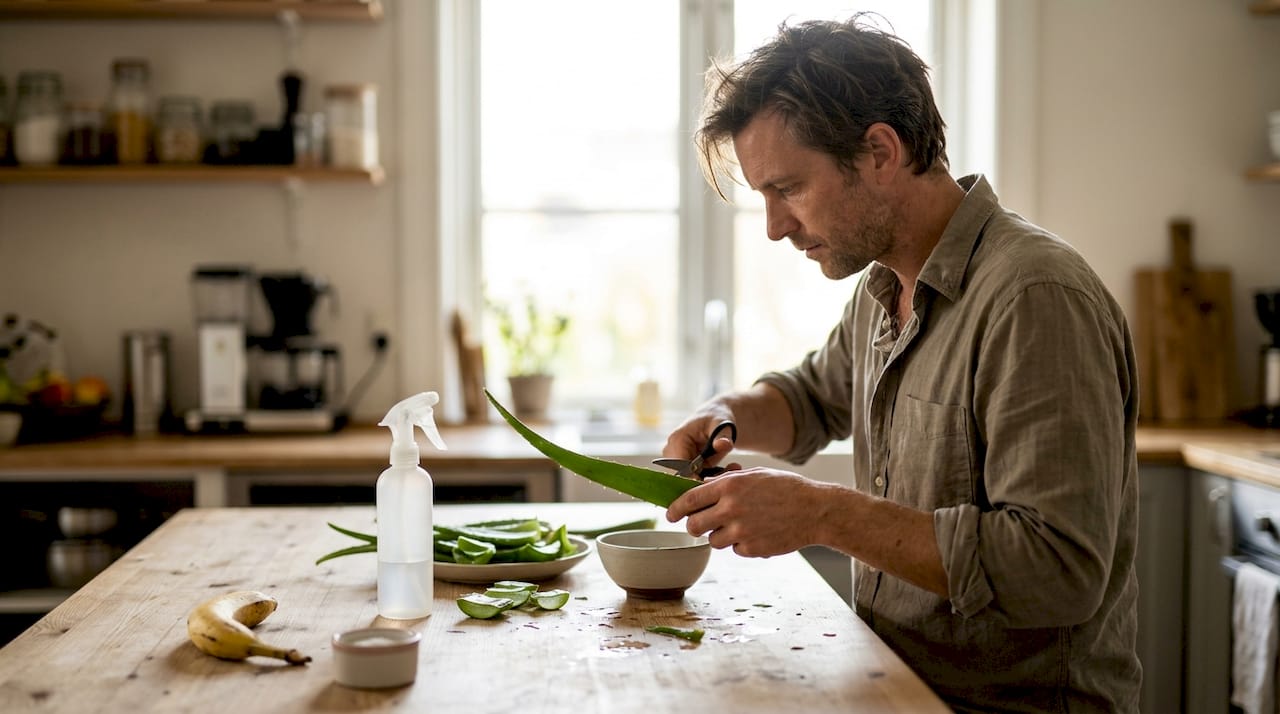 Mand gør aloe vera klar til brug i hårplejerutinen
