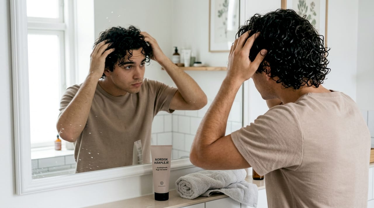 Tæt portræt af en mand med fugtigt, krøllet hår