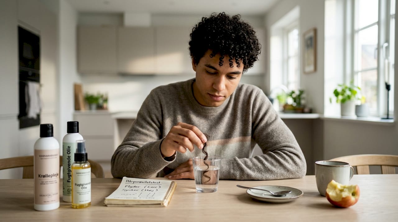 Mand laver hjemme-test for at finde ud af, hvor porøst hans krøllede hår er