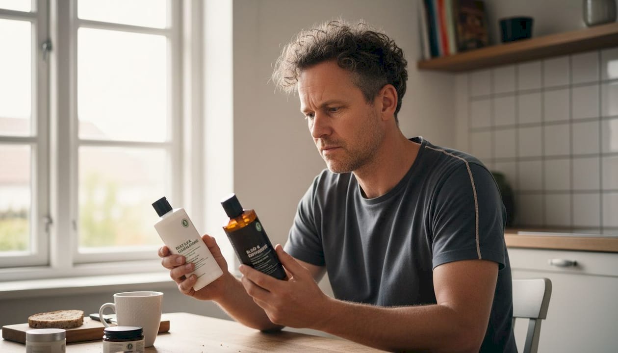 Mand tester leave-in conditioners ved spisebordet og sammenligner dem