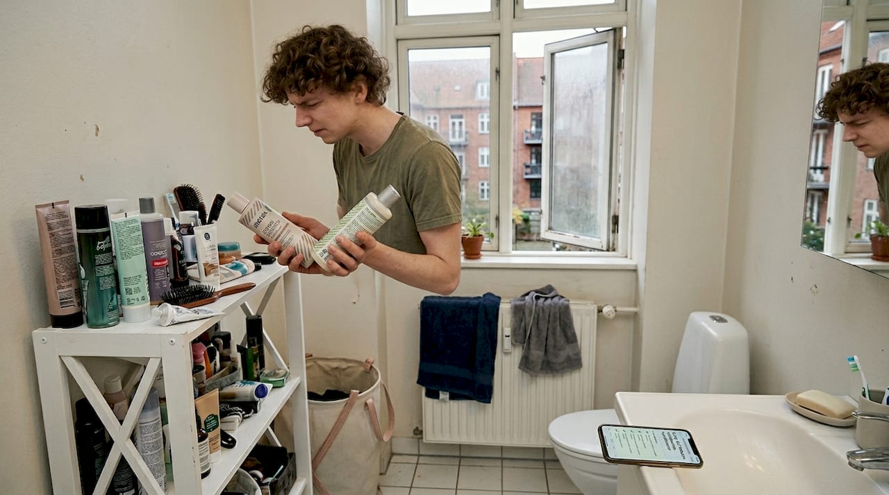 Mand står og overvejer, hvilken shampoo der er bedst til hans krøllede hår