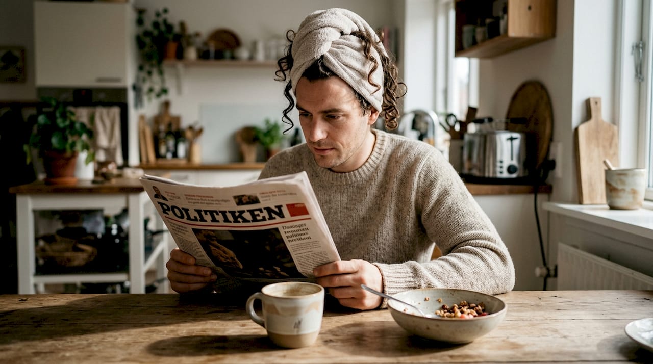 Mand sidder ved morgenbordet og leger med sine krøller