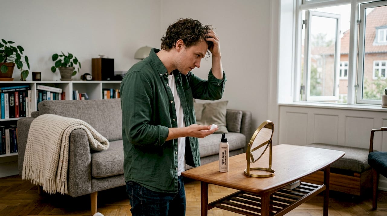 En mand står i stuen og fordeler hårmousse i håret.