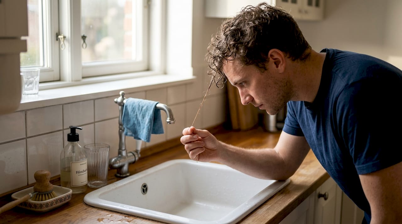 En mand står ved køkkenvasken og trækker forsigtigt i en våd hårtot.