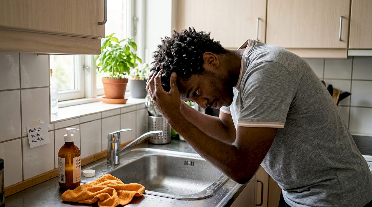 En mand arbejder co-wash ind i sit krøllede hår med blide, masserende bevægelser.