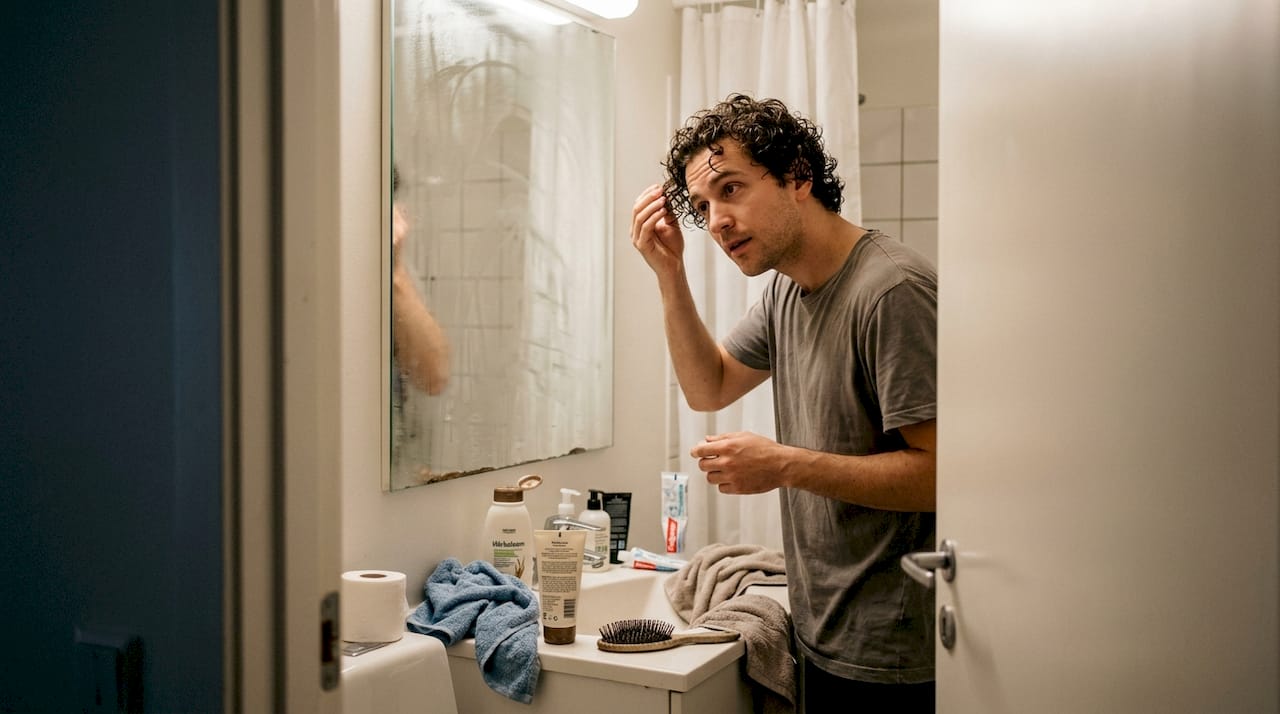 En mand fordeler stylingcreme i sit krøllede hår for at fremhæve krøllerne.