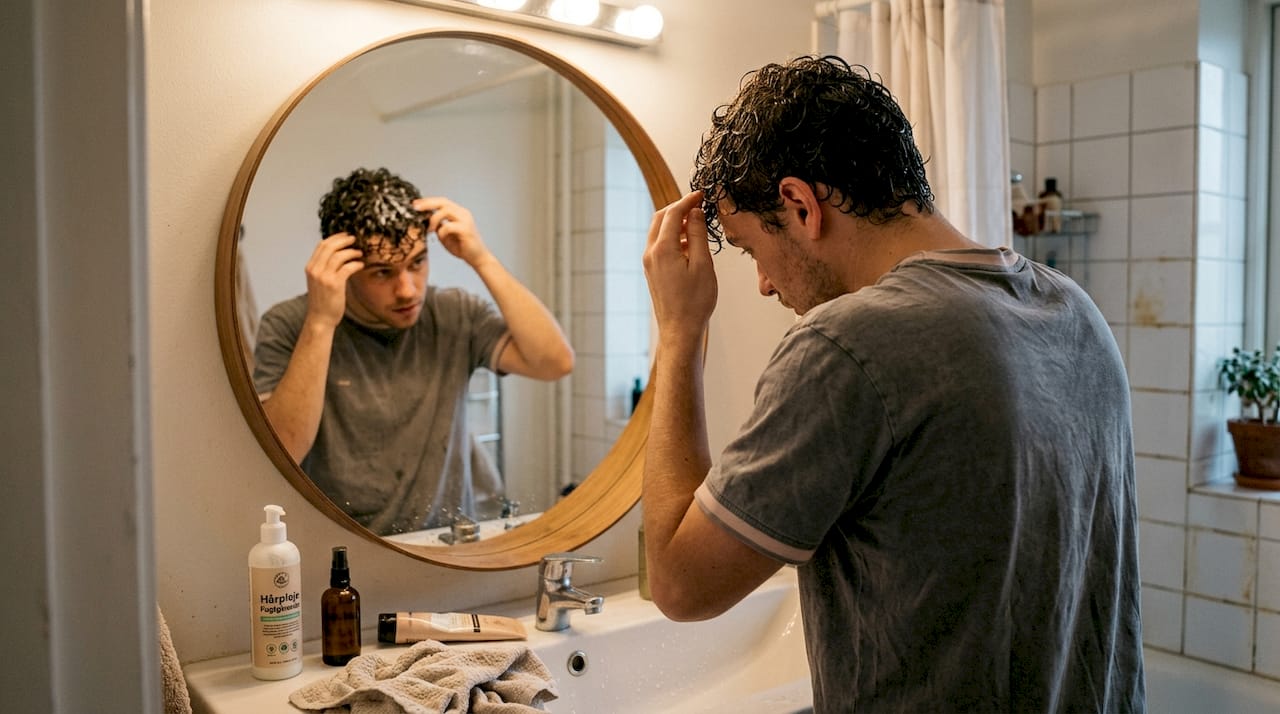 En mand masserer en dybdevirkende hårkur ind i sine krøller.