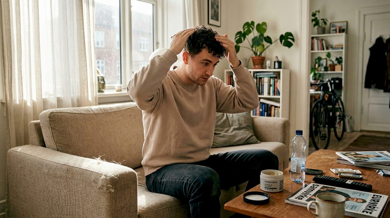 Mand fordeler hårprodukt i sine korte krøller