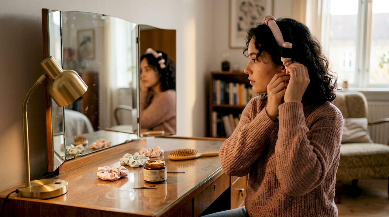 En kvinde sidder foran sit spejl og sætter silkebløde hårruller i håret.
