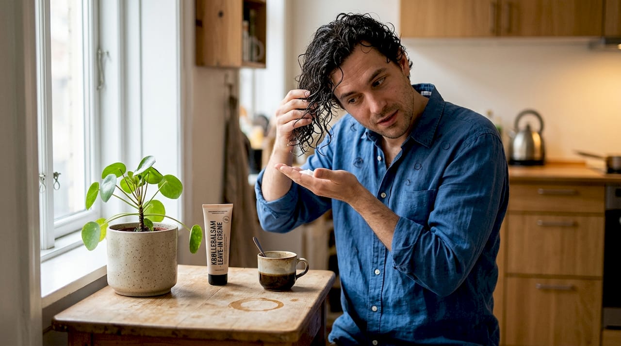 En mand står i køkkenet og fordeler forsigtigt hårprodukt i håret.
