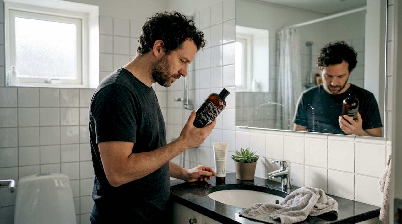 En mand står på badeværelset og studerer ingredienslisten på sit hårprodukt.