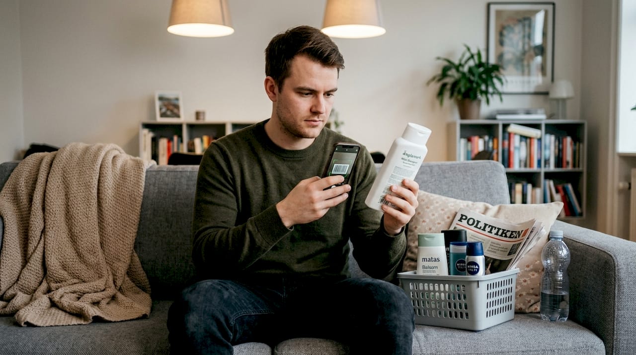 En mand sidder i sofaen og scanner et hårprodukt med sin mobil.