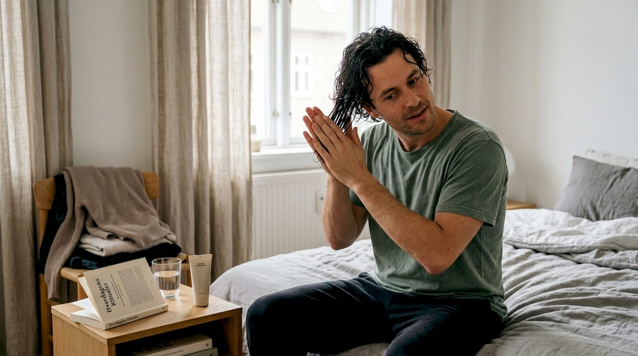 En mand arbejder leave-in produktet ind i sit krøllede hår