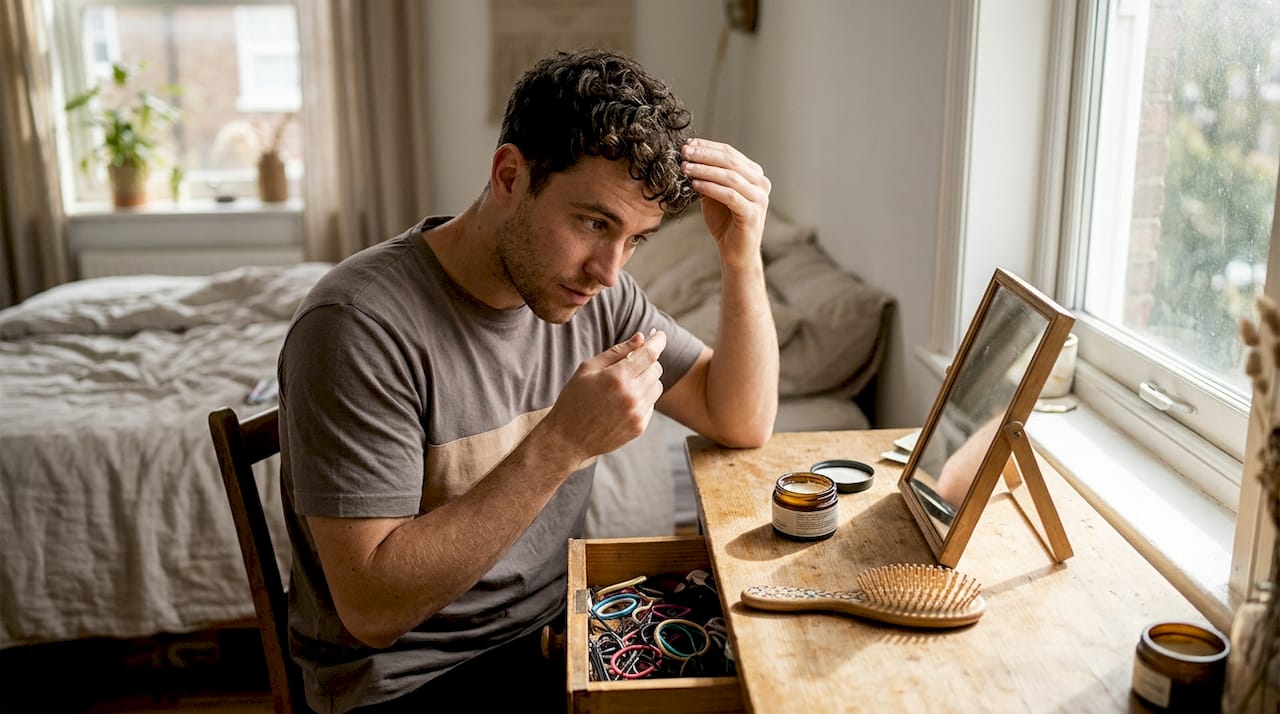 En mand fordeler hårolie i sine krøller