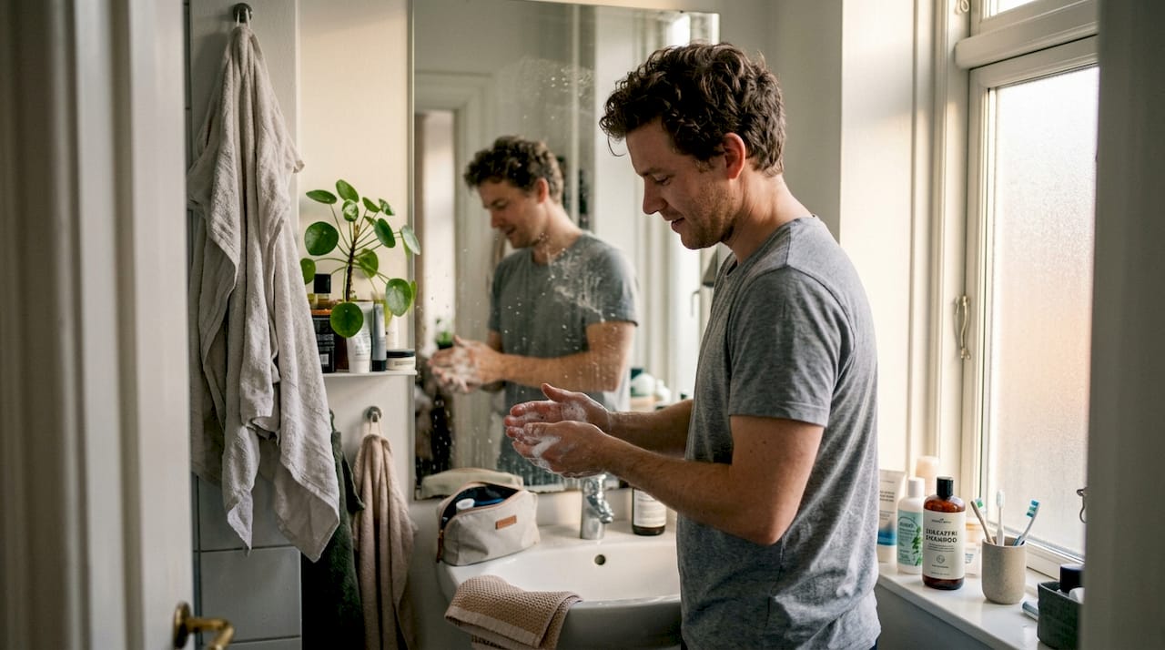 Mand går all in på Curly Girl-metoden foran spejlet på badeværelset