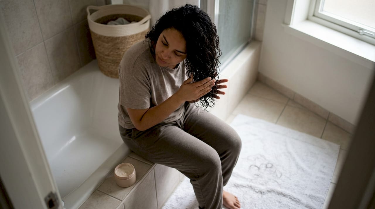 En person fordeler hårkur i sit krøllede hår