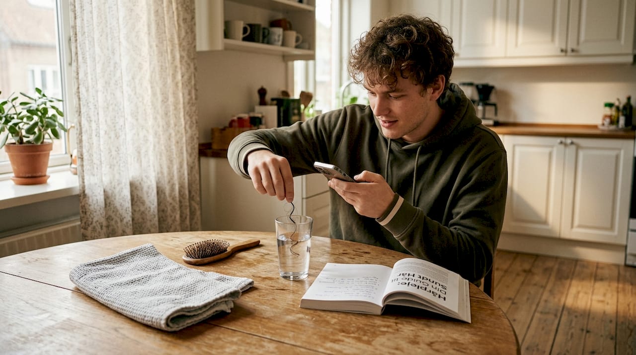 Mand undersøger hårets porøsitet ved at lægge et hårstrå i et glas vand.