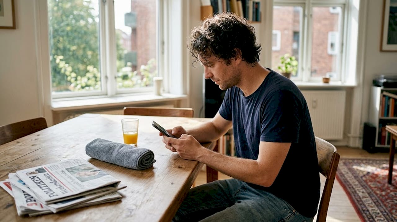En mand lader sit krøllede hår tørre naturligt i stuen.