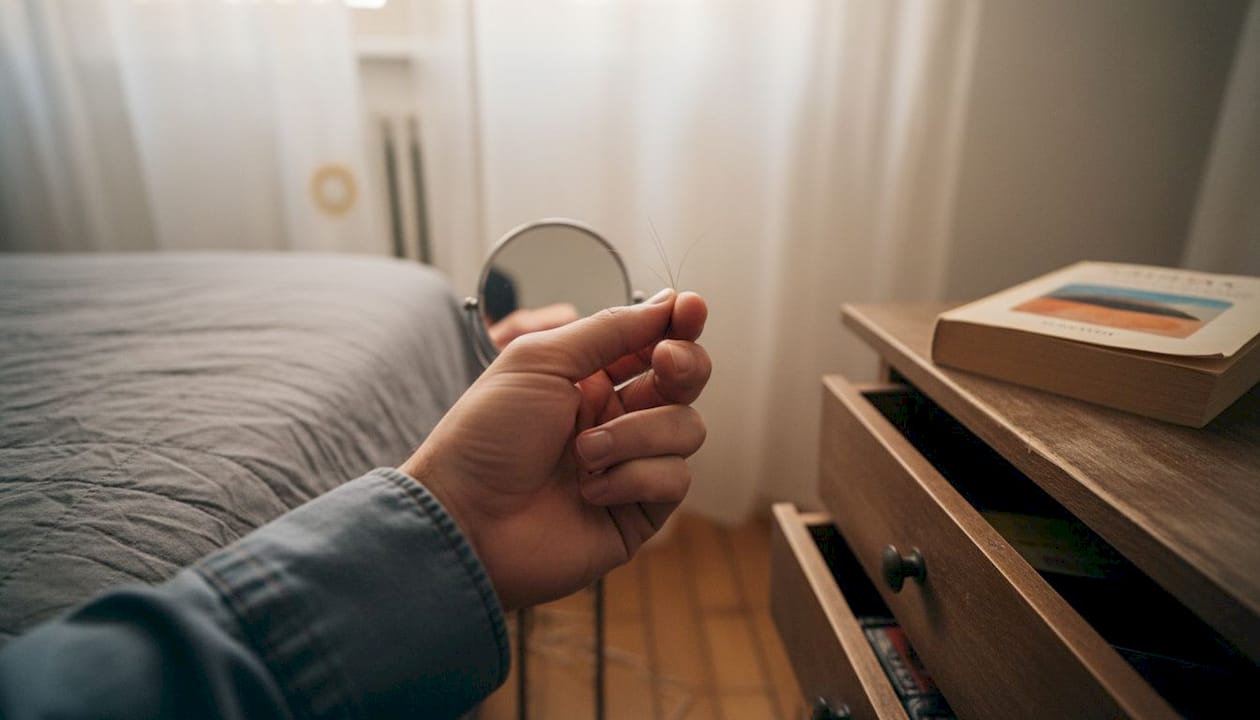 En hånd tjekker hårets elasticitet i rolige, hjemlige omgivelser