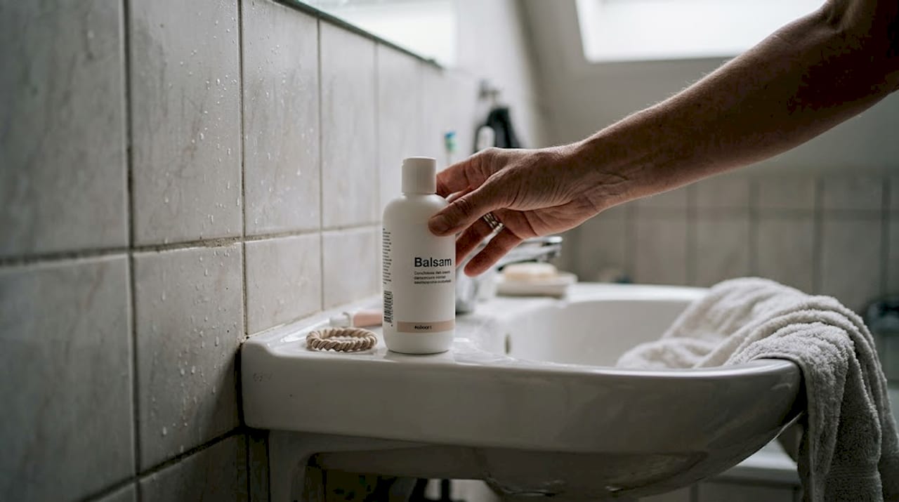 En hånd rækker ud efter balsamflasken på badeværelset.