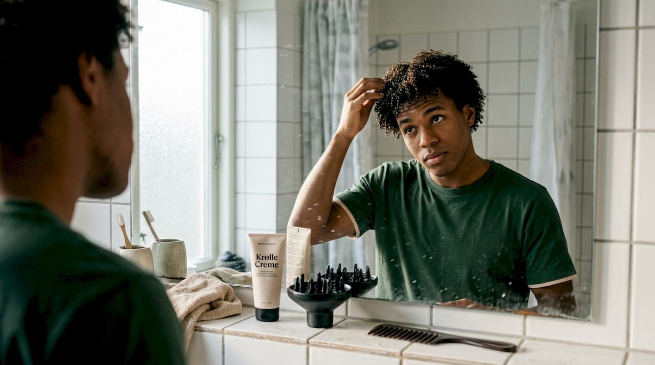 En mand står på badeværelset og frisker sine sunde krøller op.