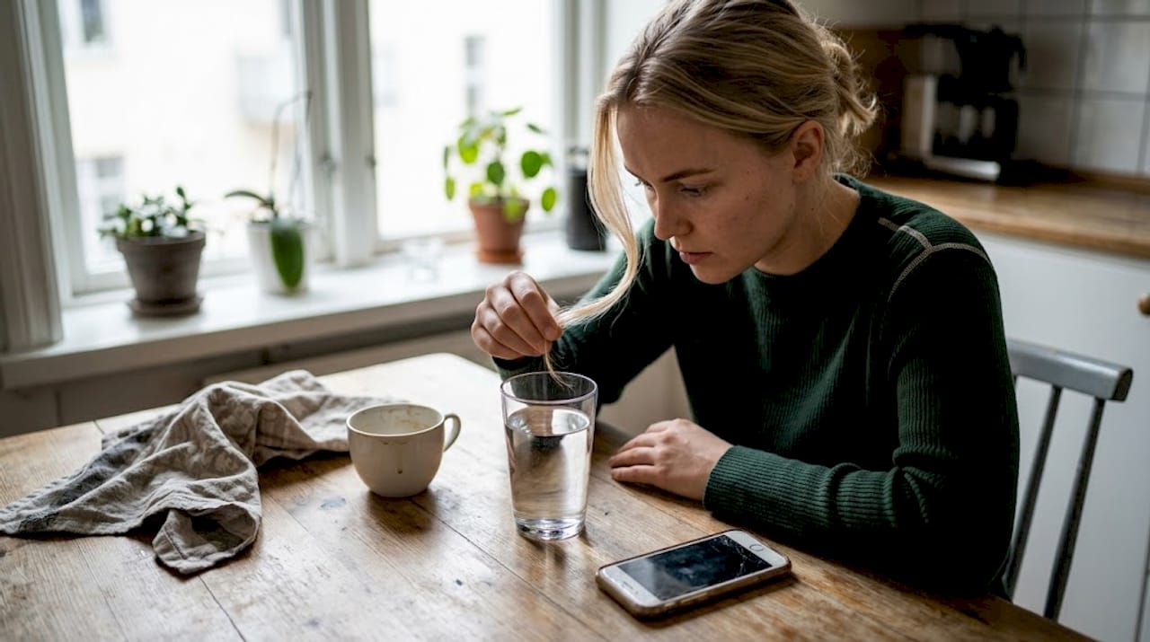 En person undersøger hårets porøsitet ved at lægge et hårstrå i et glas vand.
