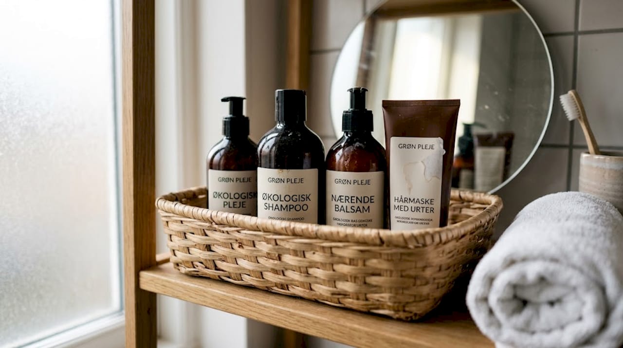 En flettet kurv fyldt med grønne hårplejeprodukter pynter på badeværelseshylden.