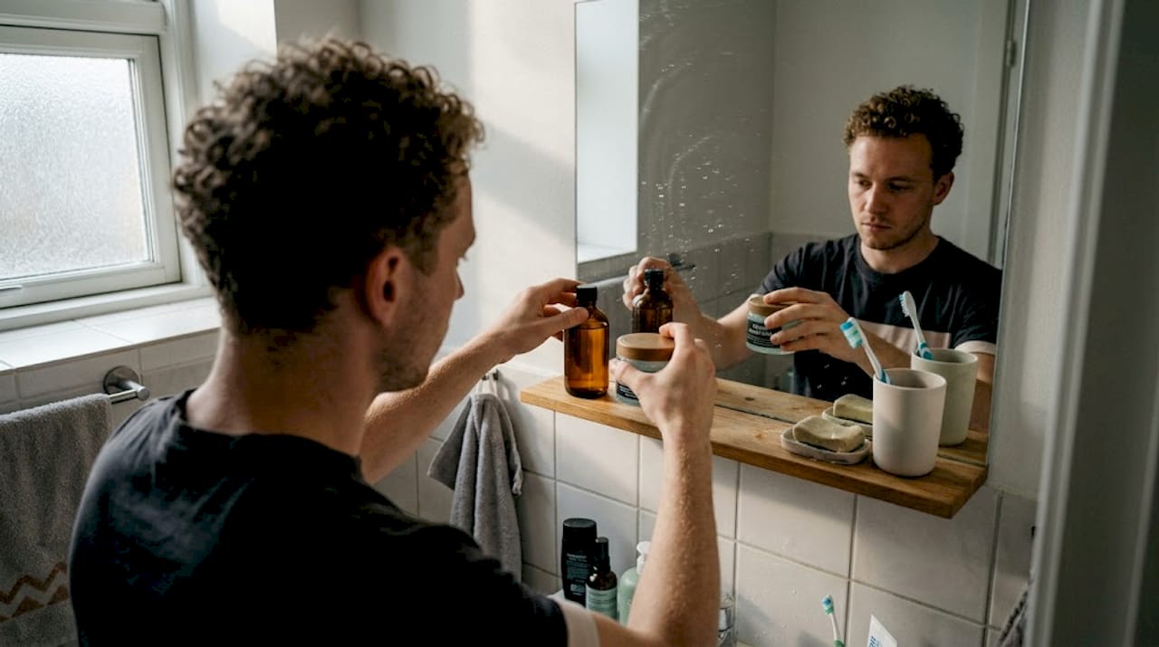 Mand skifter hårprodukt ud på badeværelset
