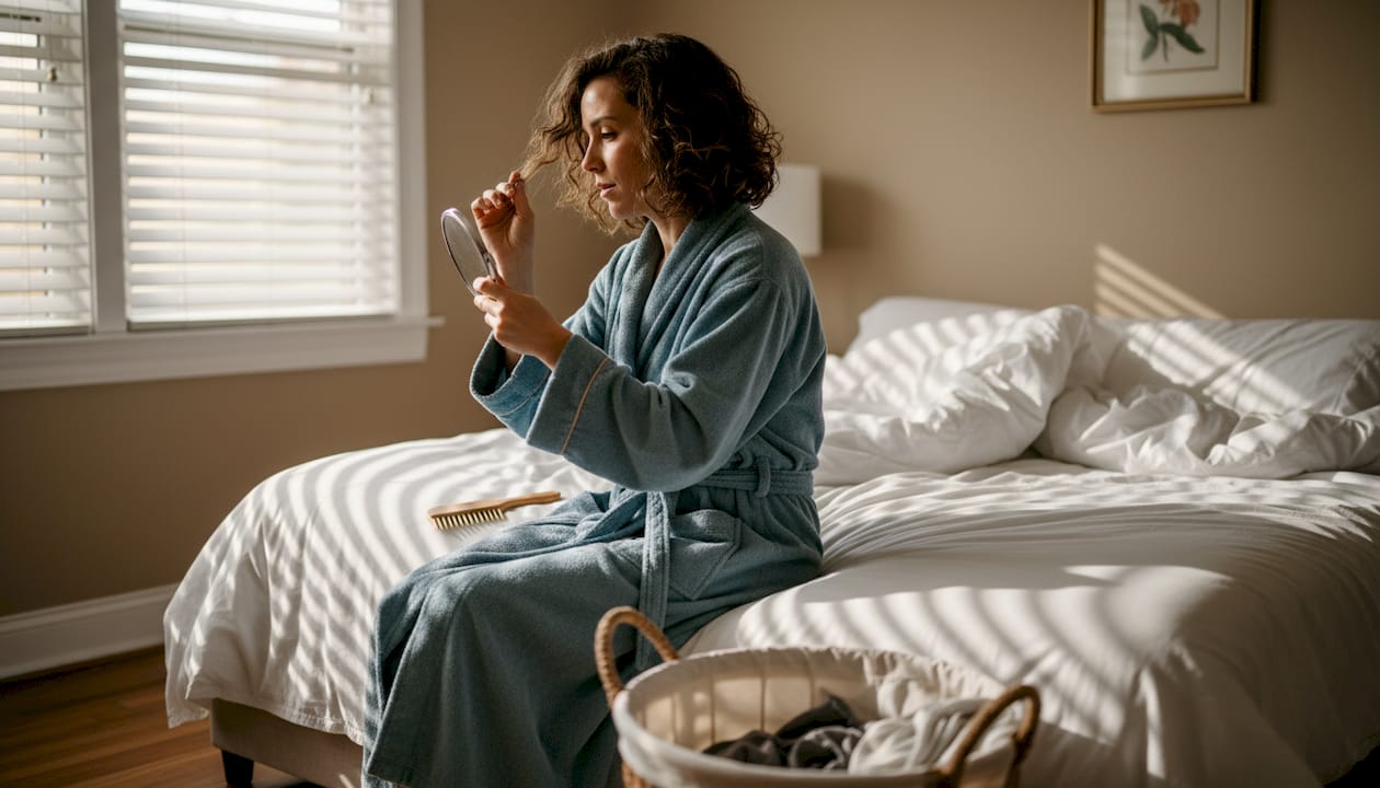 Kvinde tjekker sine sunde krøller efter at have brugt balsam