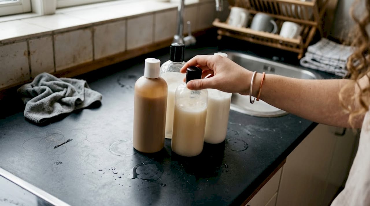 Flere flasker balsam står fremme på bordet i et helt almindeligt hjemmemiljø.