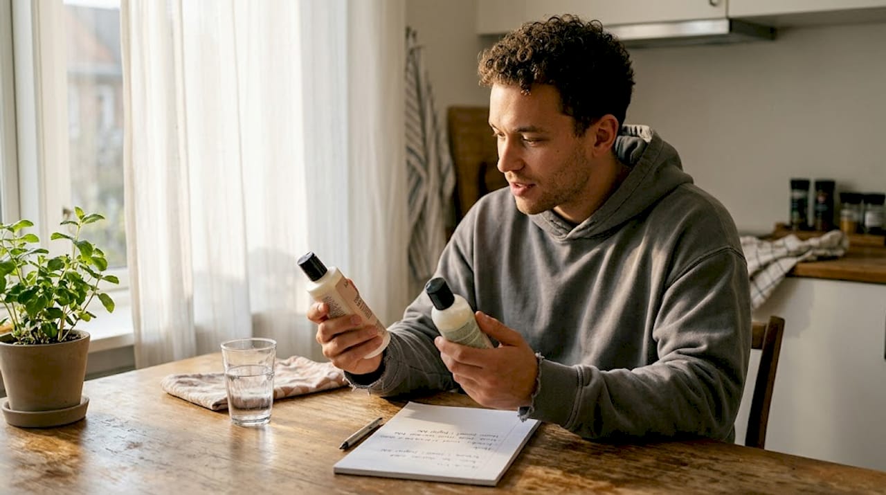 En mand sidder ved køkkenbordet og sammenligner produkter til krøllet hår.