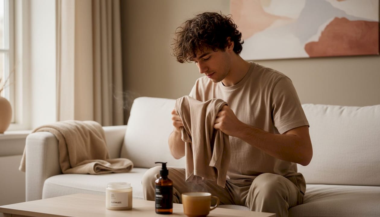 En mand står i stuen og tørrer sit krøllede hår efter et bad.