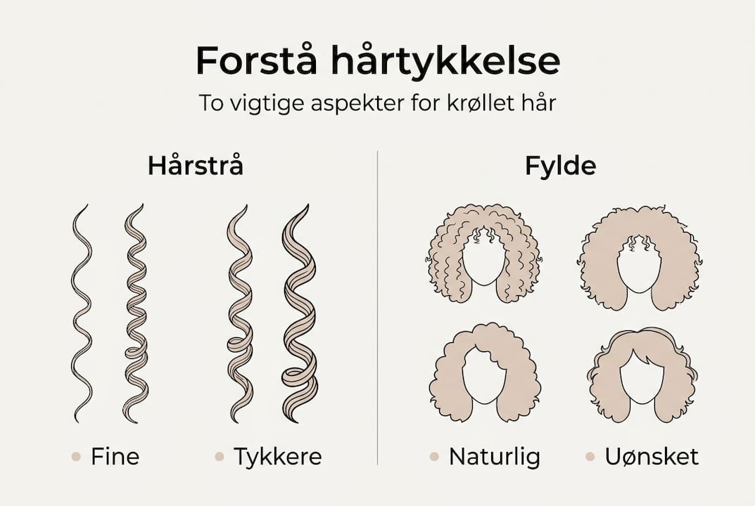 Visuel guide til tykkelsen på hårstrå og forskellige typer krøllet hår
