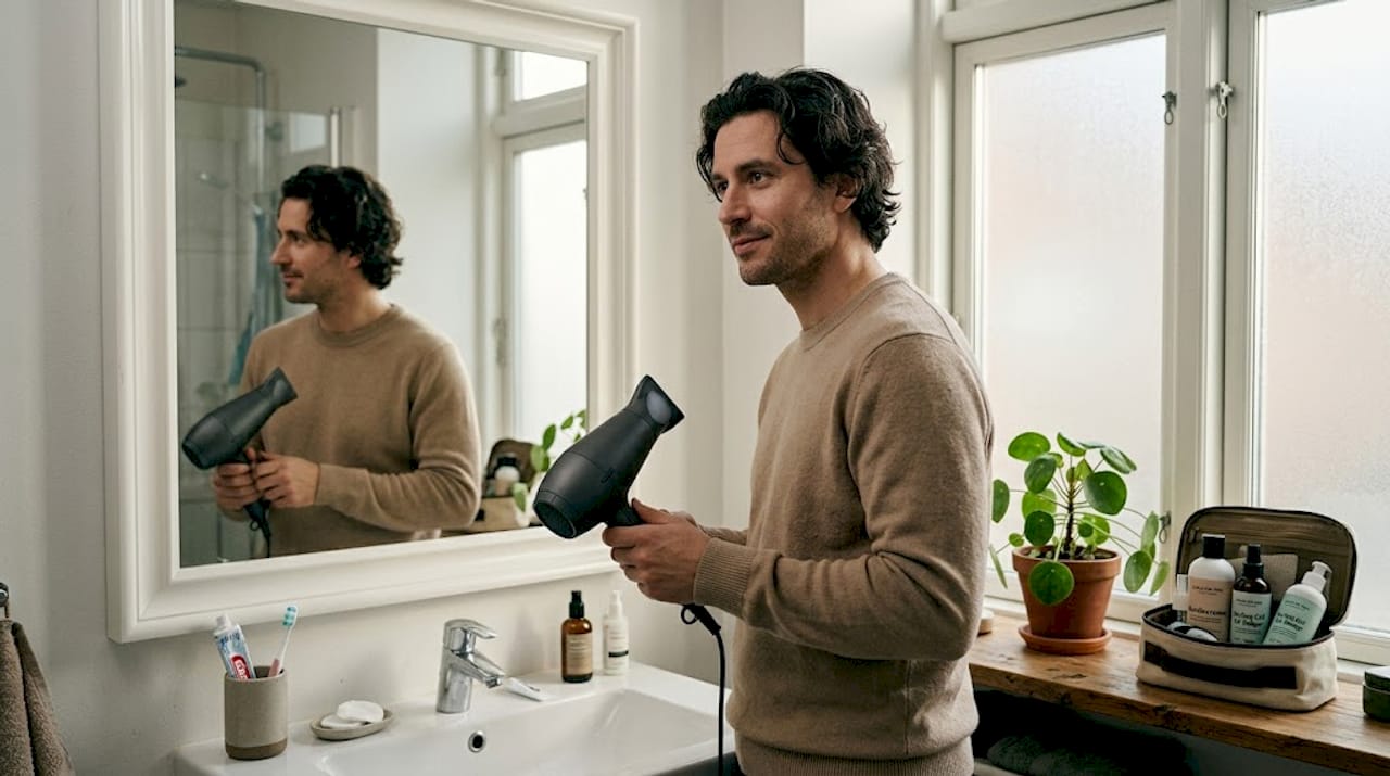 En mand står foran spejlet og holder en ergonomisk hårtørrer i hånden.