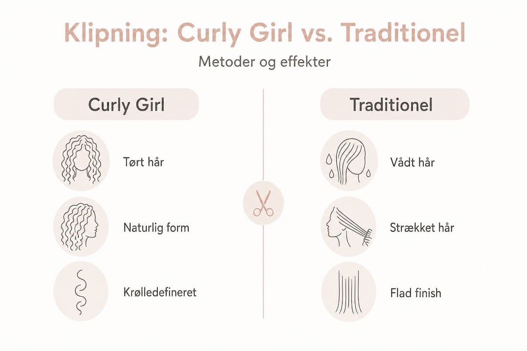Se en infografik, der viser forskellene mellem Curly Girl-metoden og klassisk hårklipning
