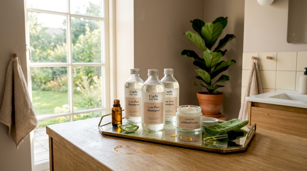 Ingredienser til low-poo shampoo lagt frem på et træbord