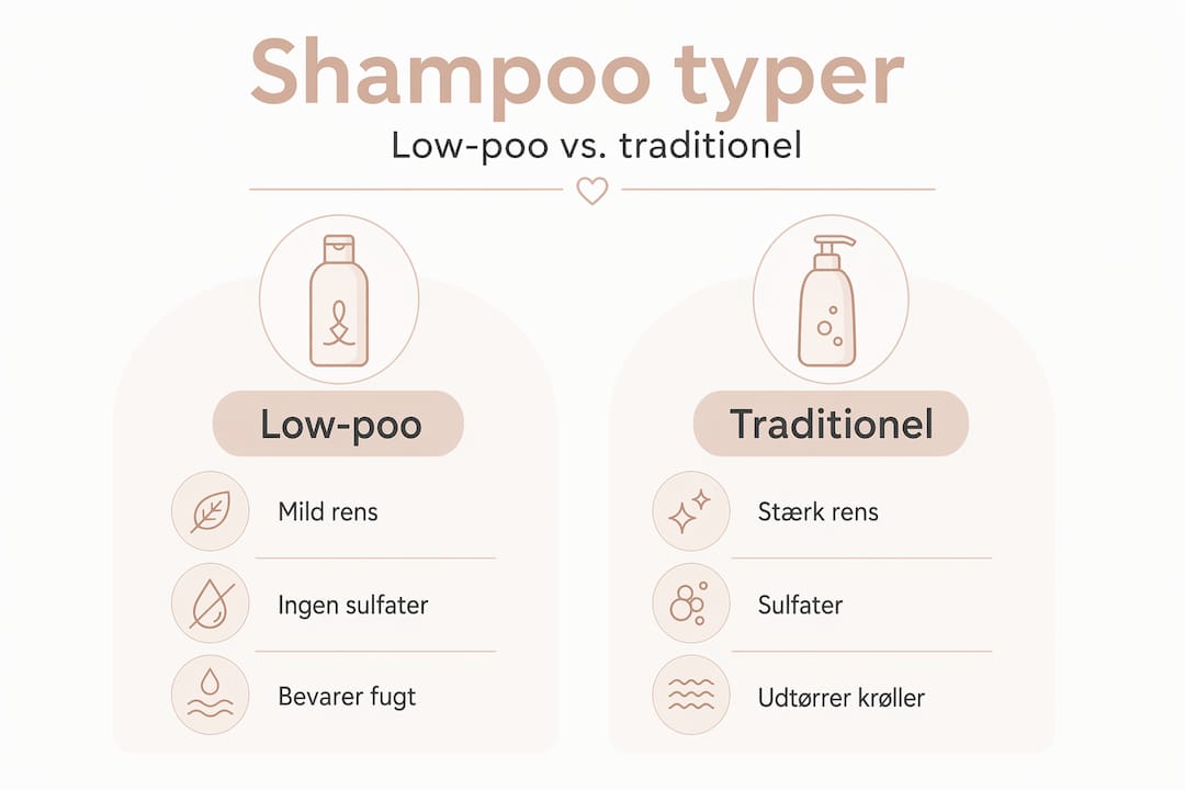Se denne infografik, hvor vi sætter low-poo shampoo op imod den klassiske shampoo – så du nemt kan få overblik over forskellene.
